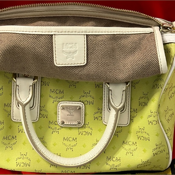 MCM Handbag Boston Speedy Bag Green MCM Leather Visetos Satchel Tote Bags Purses - Picture 4 of 12